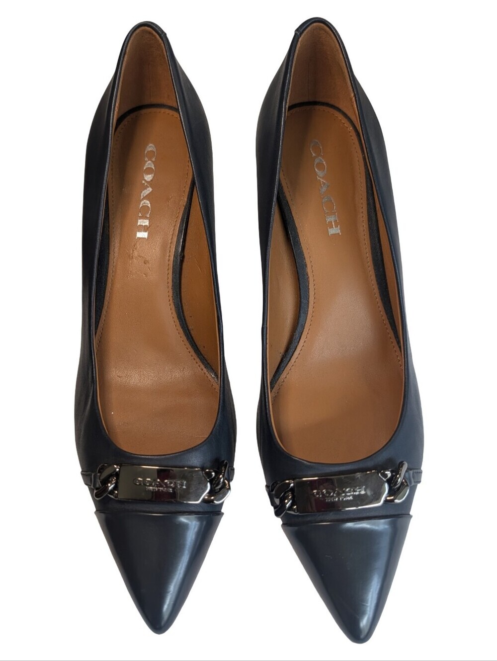 Coach Bowery kitten heel pumps navy blue leather size 8.5 - Picture 2 of 7